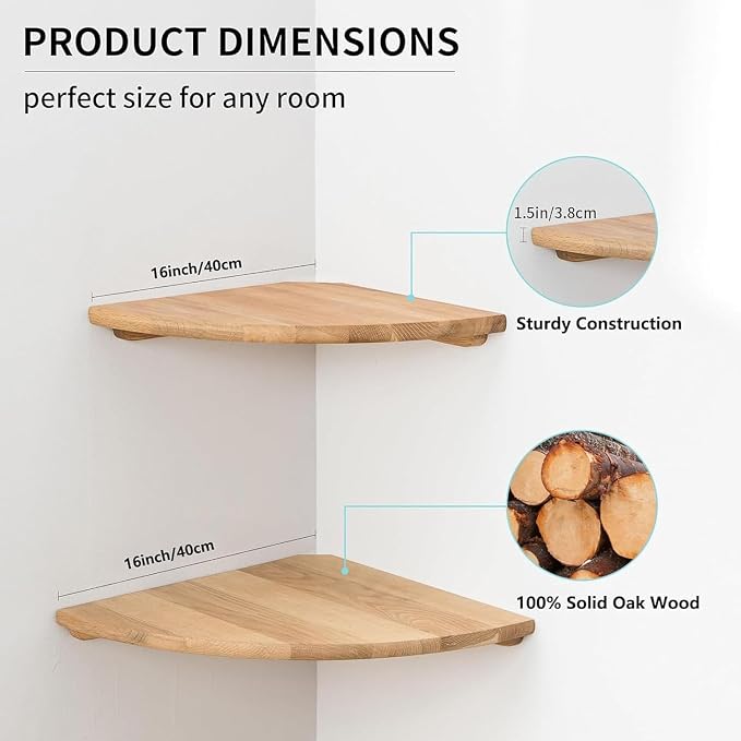 Corner Shelves, Floating Corner Shelf, Set of 2 16inch Solid Oak Wood Wall Shelves, Round End Wall Mount Display Shelf with Wire Hole for Bedroom Kitchen, Living Room (Oak, 16in 2P)