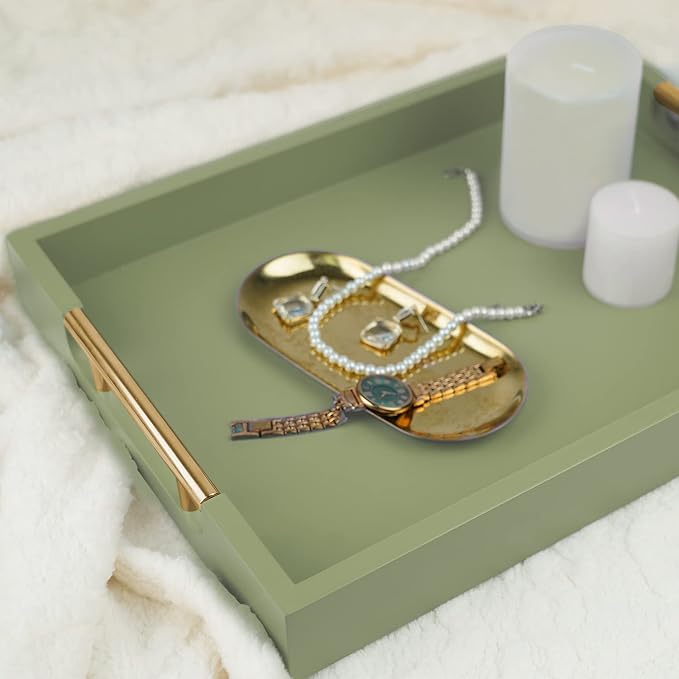 Wooden Decorative Coffee Table Tray, 16" Serving With Handles, Matte Finish, Ottoman for Living Room, Perfume, Vanity Dresser Organizer (Olive Green)