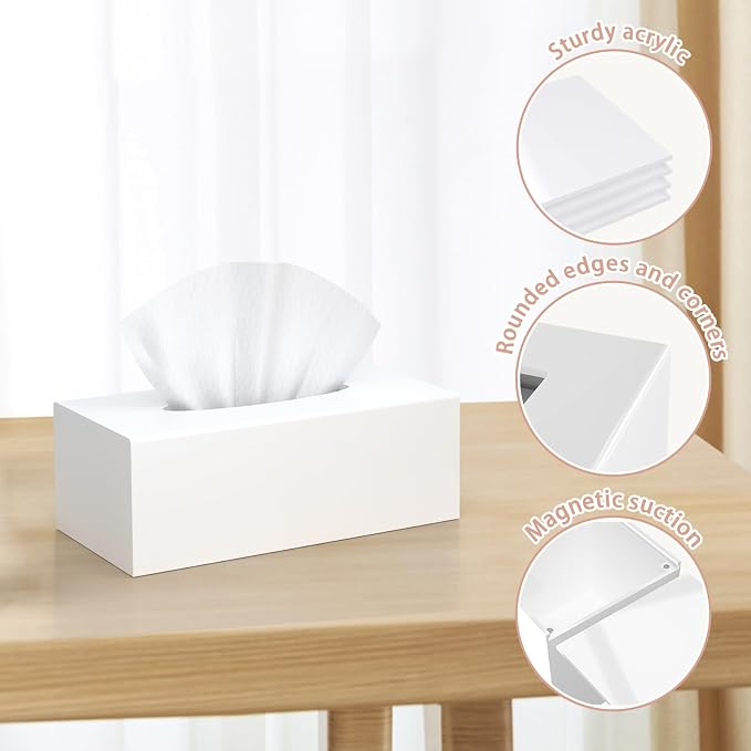 SILUT Matte White Rectangle Acrylic Tissue Box Cover | Decorative Stylish Tissue Box Holder for Bathroom, Home, Kitchen & Restaurant,Magnetic Bottom & Non-Slip Base