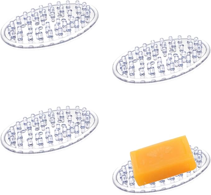 4-Pack Clear Silicone Soap Holder, Oval Soap Dish with Drainage Grooves for Shower, Bathtub, Bathroom & Kitchen Sink