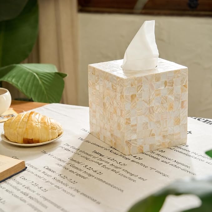 5.9” Mother of Pearl Tissue Box Cover for Kleenex and More – Handcrafted Square Tissue Holder with Sliding Bottom – Decorative Napkin Dispenser for Bathroom, Bedroom, Kitchen, Office