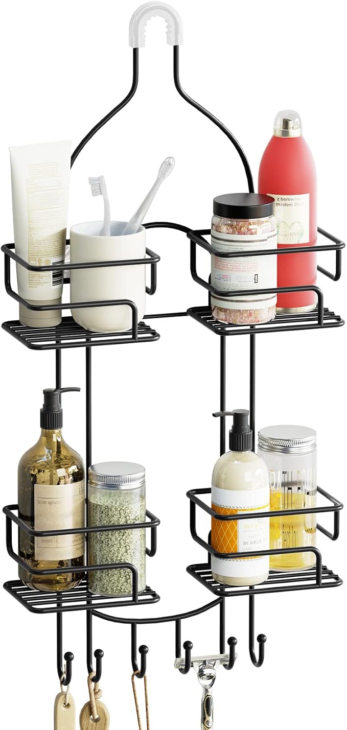 SRIWATANA Shower Caddy Hanging, Shower Organizer with Razor Hooks, Black | Rustproof Shower Rack, No Drilling Shelves Over Shower Head, Anti-Swing Scution Install, Bathroom Holder for Sponge Loofah