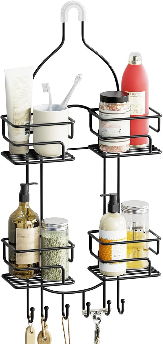 SRIWATANA Shower Caddy Hanging, Shower Organizer with Razor Hooks, Black | Rustproof Shower Rack, No Drilling Shelves Over Shower Head, Anti-Swing Scution Install, Bathroom Holder for Sponge Loofah