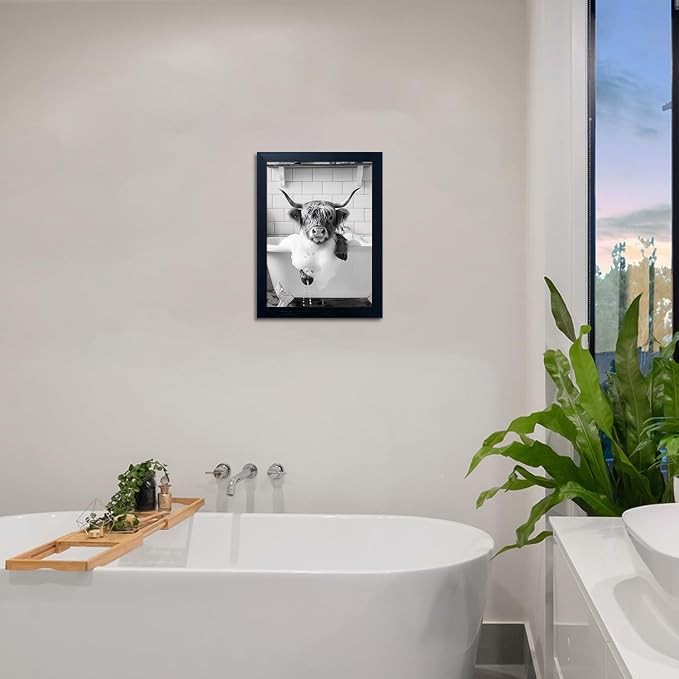Framed Highland Cow Canvas Wall Art Funny Cow Bathroom Decor Black and White Cow Pictures Wall Decor Farmhouse Animal Bathroom Artworks