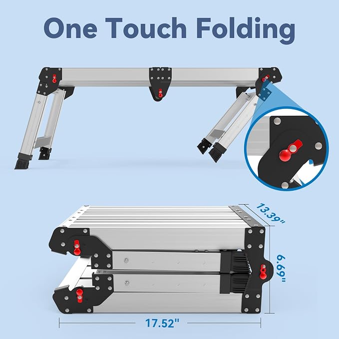 Work Platform 500 lbs with One-Touch Automatic Fold, Larger, Black | Folding Step Stool, 4 Height Adjustment Platform Step, Perfect for RV Cleaning, Home Painting and Reaching High Places