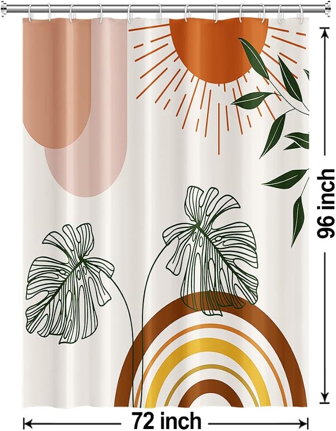 Boho Orange Shower Curtain with Hooks for Bathroom 72x96 Inch | Waterproof Abstract Sunrise Shower Curtain Set, Green Leaves Soft Bathroom Decor, Machine Washable