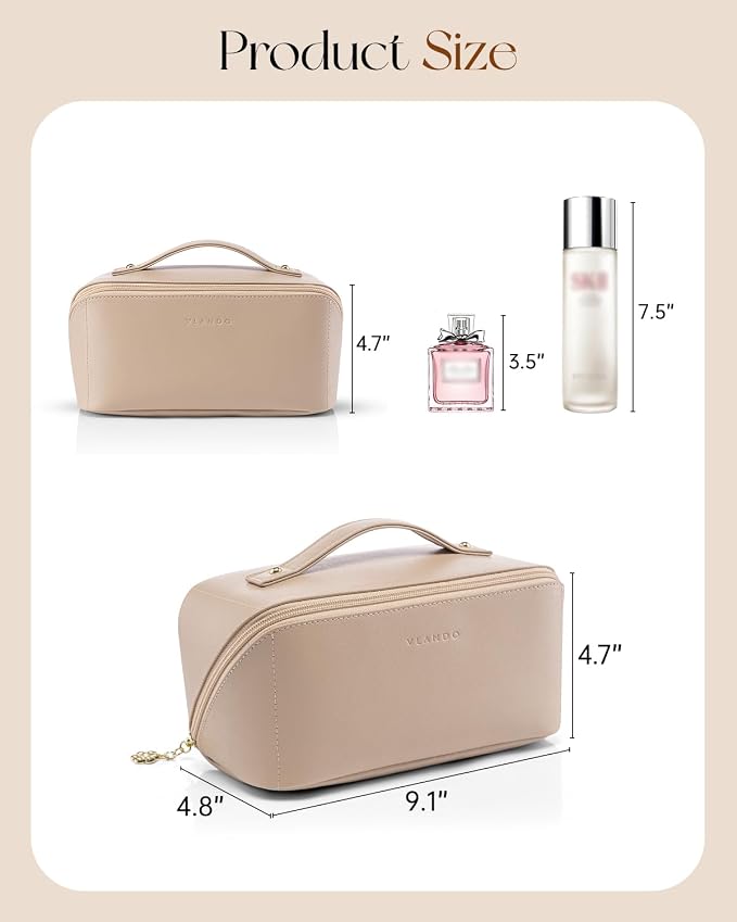 VLANDO Travel Makeup Bag with 180°Opening, Women Toiletry Case,Toffee | Waterproof PU Leather with Zip TPU Pocket,Separate Brush Pouch,Travel Essentials,Skincare,Brushes Organizer,Gifts for Women