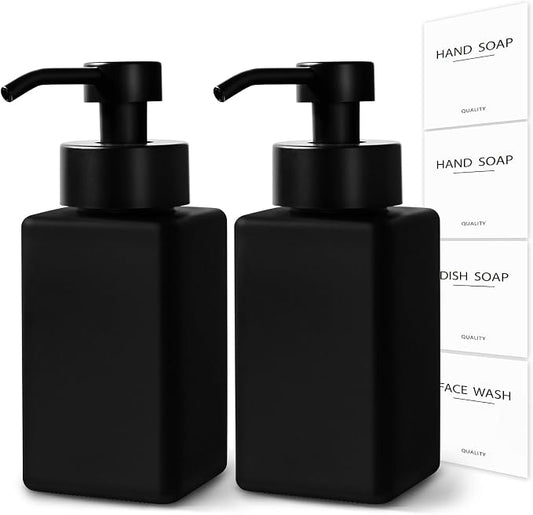 Black Foaming Hand Soap Dispenser, 12oz/350ml Glass Square Foam Soap Dispenser Set, 2Pcs Foaming Soap Dispenser with Foaming Pump, Refillable Soap Foam Dispenser for Bathroom, Kitchen