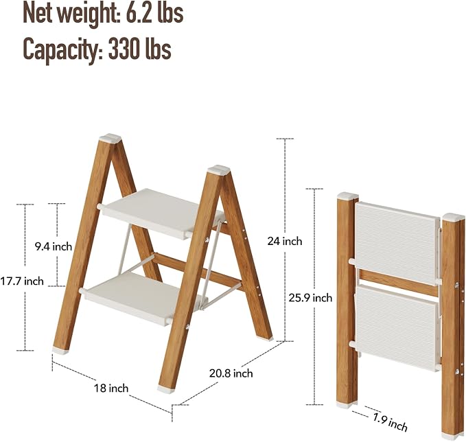 Mayi Plus 2 Step Stool Foldable, Aluminum, Lightweight Step Ladder | Extra-wide anti-slip folding steps with 330 lbs, for home,kitchen,office,outdoor,White & Woodgrain