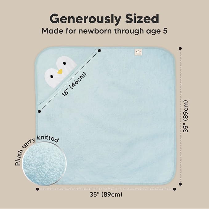 KeaBabies Hooded Baby Towel for Newborn, Baby Bath Towels (Penguin, 35x35) | Viscose Derived from Bamboo, Large Baby Towels with Hood, Boys, Girls, Toddler, Soft Absorbent Baby Bath Essentials