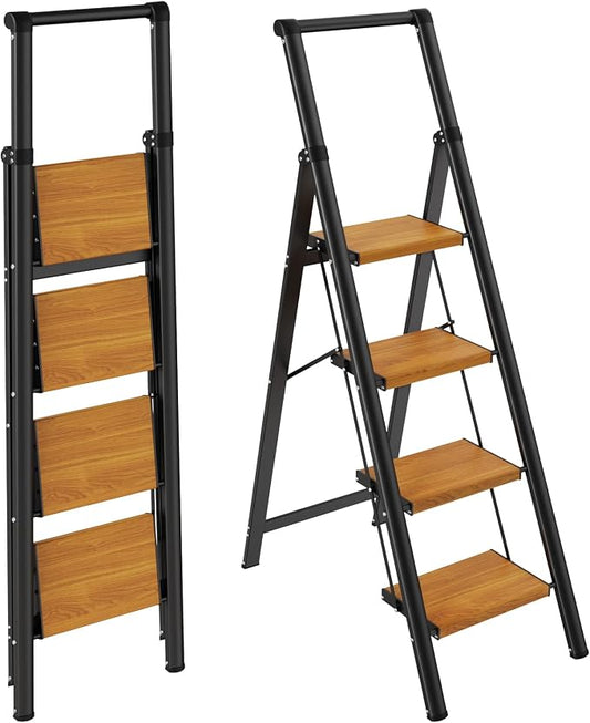 HBTower 4 Step Ladder, Lightweight Aluminum Folding Step Stool | Anti-Slip Wide Pedal, 330lbs Capacity Step Ladder for Household Kitchen Office, BlackWoodgrain