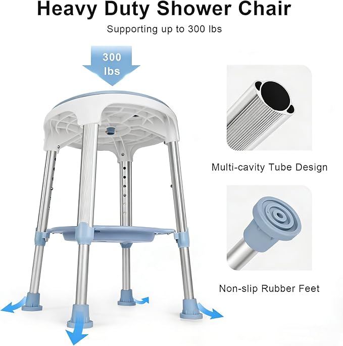 Shower Chair for Inside Shower, Tool-Free Assembly Swivel Shower Stool with Storage Tray, Adjustable Tub Chair and Bathroom Stool for Seniors, Elderly, Handicap & Disabled, FSA/HSA Eligible