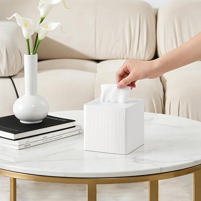 Mkono Tissue Box Cover, PU Leather Square Holder with Bottom, Beige | Decorative Facial Cube Organizer, Vanity Dresser Countertop Tabletop, Bathroom Bedroom Office Nightstand, Home Decor Accent