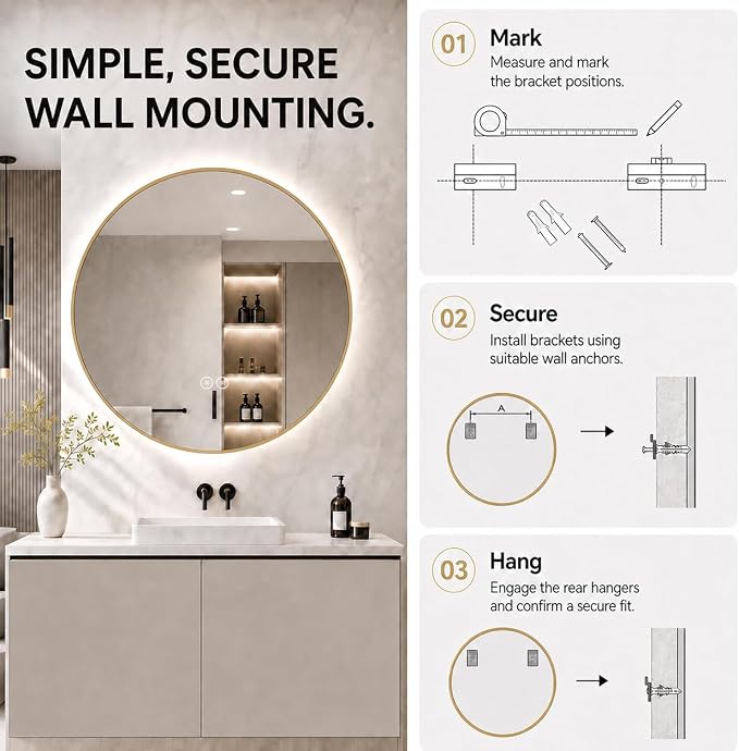 LAIYA 36 Inch Gold Round LED Bathroom Mirror, Anti Fog, Dimmable, 3 Colors | backlit lighted vanity wall mounted makeup mirror defogger touch switch brass frame IP65 CRI95 copper free silver glass hotel