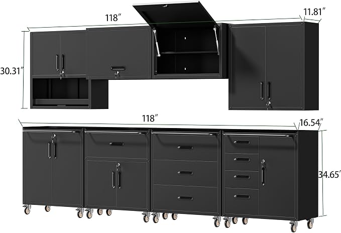 Garage Storage Cabinet System,Wall Cabinet & Locking Rolling Tool Cabinet with Doors and Adjustable Shelves