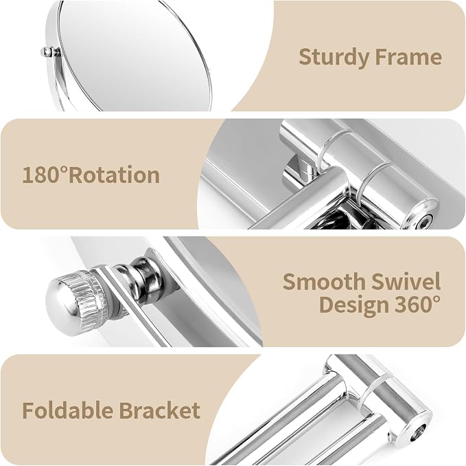 BTremary 9” Large Wall Mounted Makeup Mirror 1X/7X Double-Side Bathroom Magnifying Mirror 360 Swivel Vanity Mirror Extendable Shaving Wall Mount Cosmetic Mirror for Men and Women, Chrome