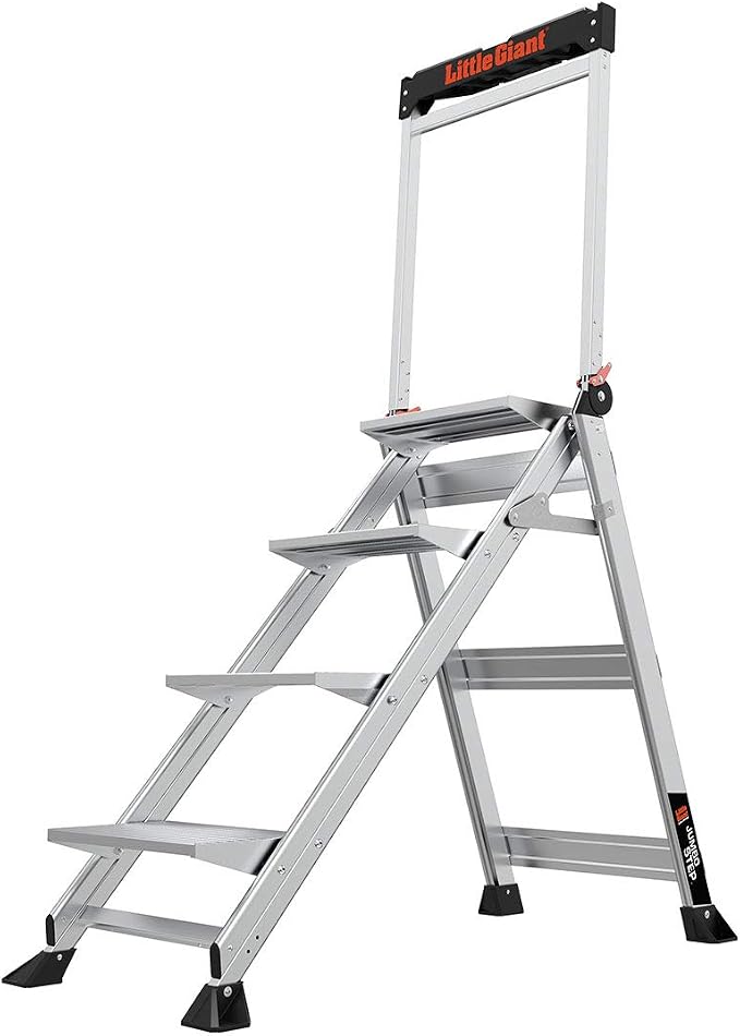 Little Giant Jumbo Step 4-Step Foldable 2.9 ft Aluminum Stool, 11904 | Foldable Aluminum Step Stool, Extra-Wide Stair-Like Treads, Rotating Handrail, Tool Tray, 375 lbs. Weight Capacity