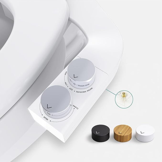 BIDETbidet Left/Right Reversible Fresh Water Deluxe Ultra-Slim Toilet Attachment, Interchangeable Knob Set, Non-Electric with Nozzle Hinged Design, Easy Install, Fits Most Toilets, Off-White