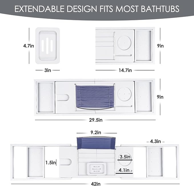 Foldable Bathtub Tray Caddy with Soap Dish Adjustable 29.5-43''White | Bamboo Bath Table Trays with Non-slip Pads, Wine Glass Holder, Adjustable Tablet Book Stand, Spa Bath Essentials Organizer