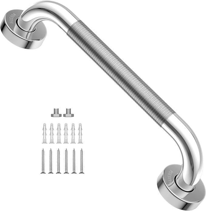 12 Inch Chrome Grab Bar, Grab Bar for Bathtubs and Showers | Anti-Slip Knurled Grip, Stainless Steel, Bathroom Handle for Senior Elderly, Balanced Assist Bar, Wall Mounted Handicap Bars
