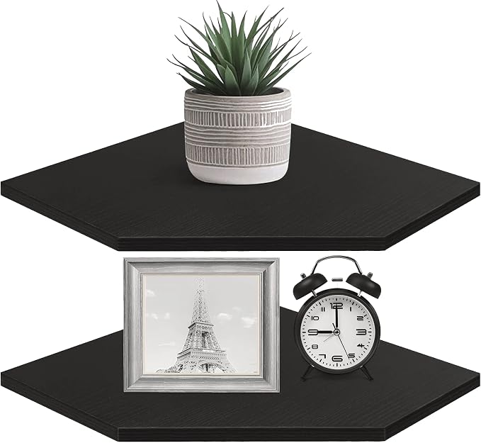 Corner Shelf Wall Mount, Set of 2 Corner Floating Shelves with Wire Hole for TV, Cable Box, Wood Hanging Storage Shelf Organizer for Bathroom Kitchen Living Room Bedroom, Black