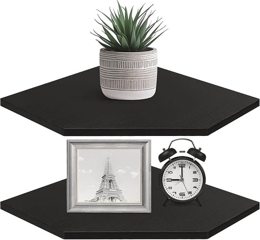 Corner Shelf Wall Mount, Set of 2 Corner Floating Shelves with Wire Hole for TV, Cable Box, Wood Hanging Storage Shelf Organizer for Bathroom Kitchen Living Room Bedroom, Black