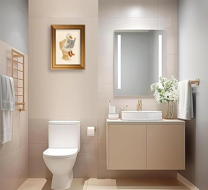 Vintage Gold Framed Duck Bathroom Wall Art Funny Animals on the Toilet Pictures Kids Bathroom Canvas Wall Decor Beige Cute Animal Painting Print Artwork for kids Room Restroom Bathroom，16x24in