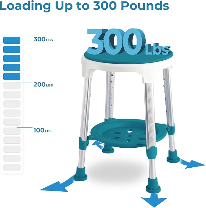 Shower Stool Chair for Inside Shower,360° Swivel,Green,300LBS | 6-Level Adjustable Height Bath Chair with Shelf,Shower Seat Stool for Bathroom,Upgrade Small Corner Stool for Seniors