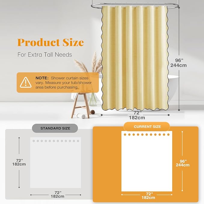 Extra Long Boho Scalloped Linen Textured Shower Curtain, 72x96, Yellow | Extra Tall Size, 230GSM Waterproof Polyester, Heavy Duty Fabric, 12 Plastic Hooks, Elegant Farmhouse Style, Machine Washable