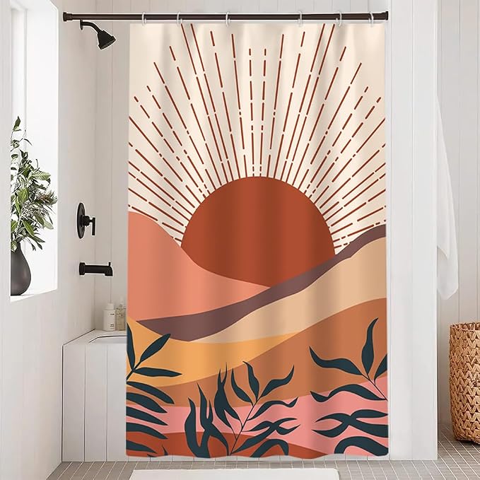 Boho Terracotta Shower Curtain for Bathroom 54x72 Inch | Waterproof Abstract Sunrise and Mountain Shower Curtain Set with Hooks, Mid Century Bathroom Decor