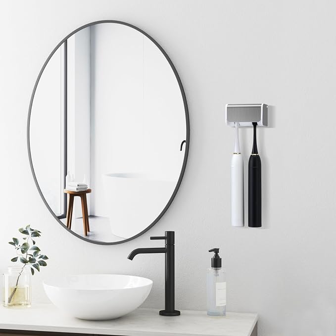 Toothbrush Holders Wall Mounted with Cover (1, Brushed Silver) | Wall mounted, Detachable, Easy to clean, Breathable, 2 Slots Self Adhesive Toothbrush Organizer for Bathroom