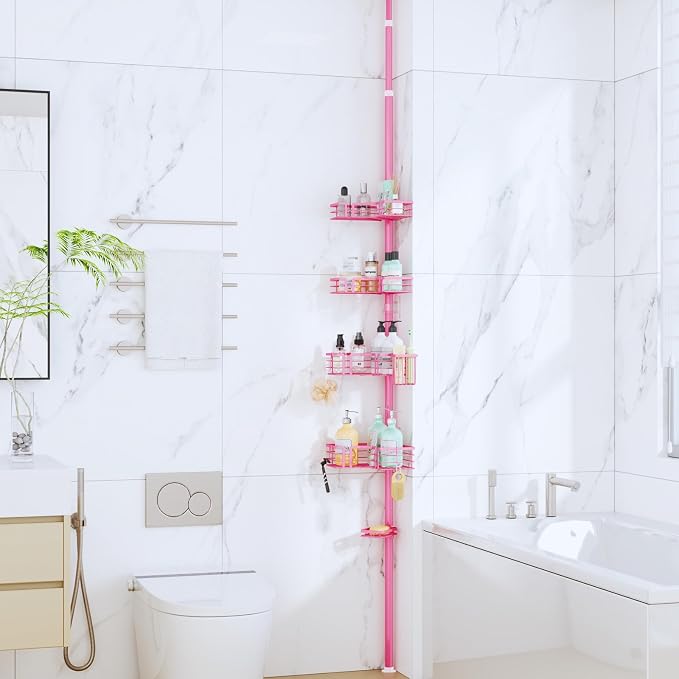SWTYMIKI Shower Caddy Tension Pole - 4-Tier Corner Shower Organizer Tension Rod with Soap Holder, Toothbrush Holder & 4 Hooks, Adjustable Stainless Steel Bathroom Organizer 27.6 to 108.3 inch, Pink