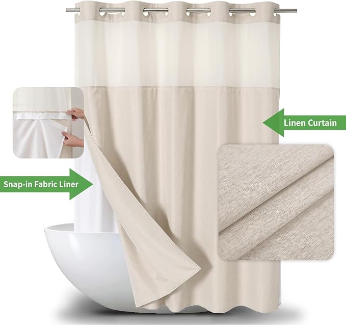 eachope No Hook Linen Texture Shower Curtain with Snap-in Liner,71x80 Cream | 230GSM Thick Fabric,Hotel Luxury Decor,Mesh Top Window,Magnetic Weighted Hem,Waterproof & Machine Washable,for Bathroom