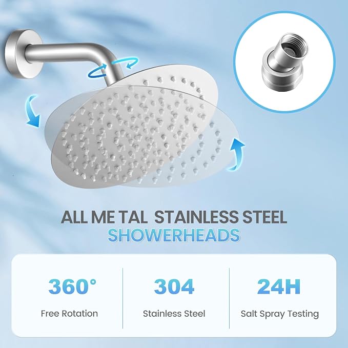 Brushed Nickel Round Rainfall Shower Head, All Metal Stainless Steel Rain Shower Heads with 90 Anti-Clog Silicone Nozzles, Wall or Ceiling Mount, 8 inch