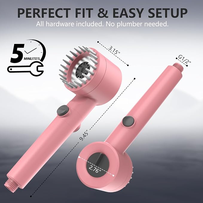 Filtered Shower Head with Handheld, High Pressure Water Flow and Multiple Spray Modes Shower Head with Filter, Power Wash for Hard Water, Showerhead with ON/OFF Switch for Pets Bath (Pink) | ON/OFF Switch,4 Spray,Built-in Power Wash,Detachable Showerhe...