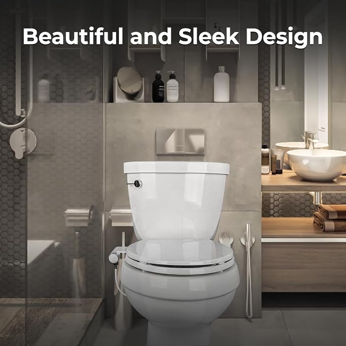 Rear & Feminine Right Handed Ultra Thin Bidet Attachment for Toilet with Self Cleaning Dual Nozzles - No Wiring Needed - Easy DIY Install - Includes Hybrid Brass 3-way T with ON/OFF & Travel Bidet