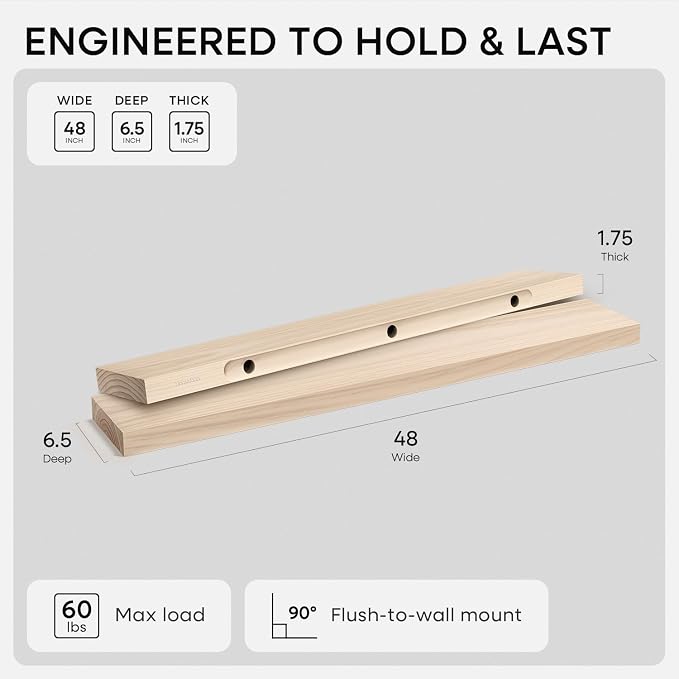 Wood 48 inch Floating Shelf, High End Solid Natural Wood 48inch Floating Shelves for Wall Mounted, Unfinished Wooden Large Floating Shelves, Heavy Duty Bracket, 48 X 6.5 X 1.75 in, Set of 2