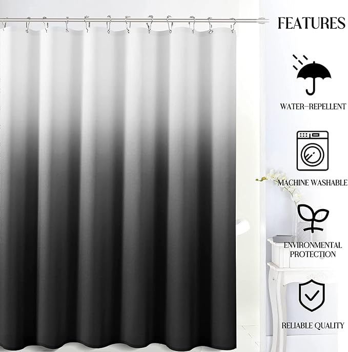 Black Shower Curtain Black Gray Ombre Shower Curtains for Bathroom Decor, Morden Bath Curtain for Men Bathtub Hotel Spa Washable 60x72 inch