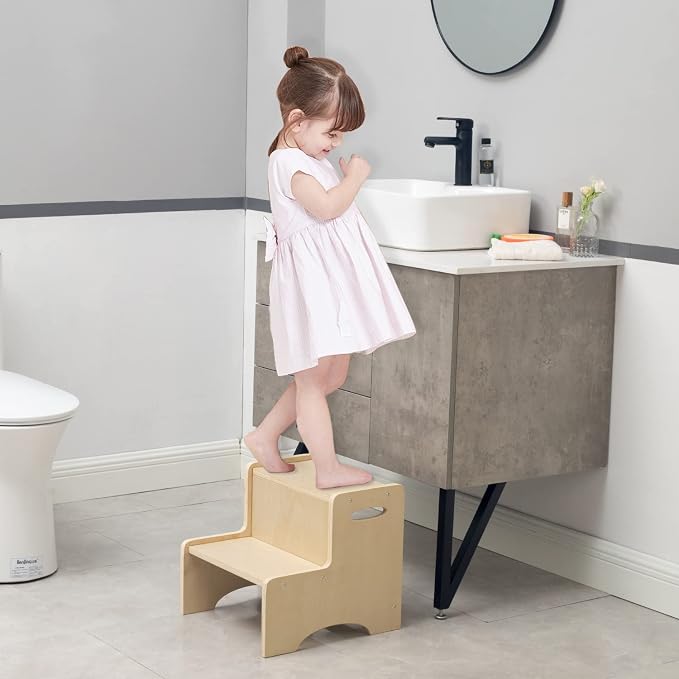 Wooden Toddler Step Stool for Kids, Bathroom Potty Stool & Kitchen Stool, Natural Two Step Stool for Bedroom, Children's Stool with Handles and Safety Non-Slip Pads