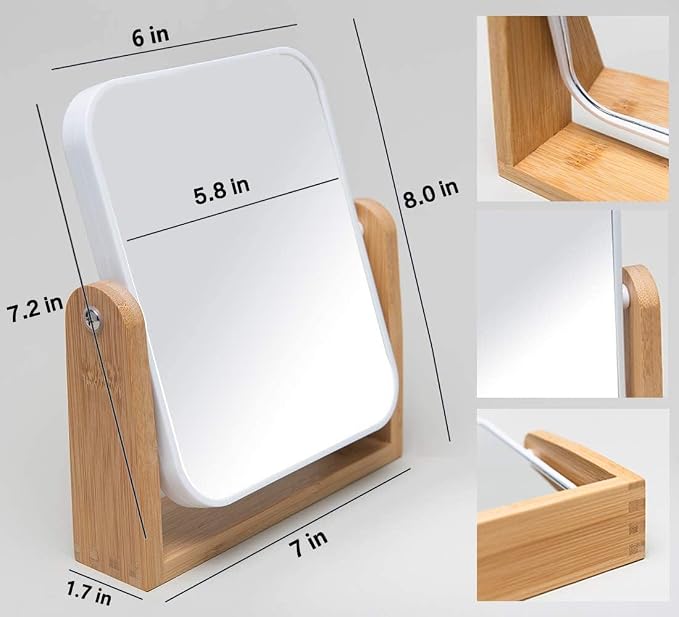 YEAKE Vanity Makeup Mirror with Natural Bamboo Stand, 8 Inch Double Sided 360 Degree Swivel Magnifying Mirror for Table, Desk, Countertop Shaving Make Up