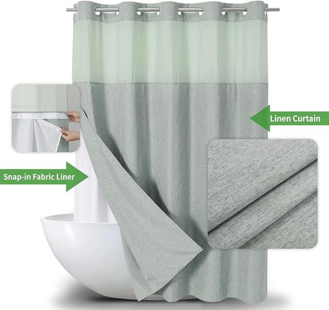 eachope No Hook Fabric Shower Curtain with Snap-in Liner,71x74 Sage Green | Linen Texture,230GSM Thick Fabric,Hotel Luxury Decor,Mesh Window,Bottom magnetic ,Waterproof & Machine Washable,for Bathroom