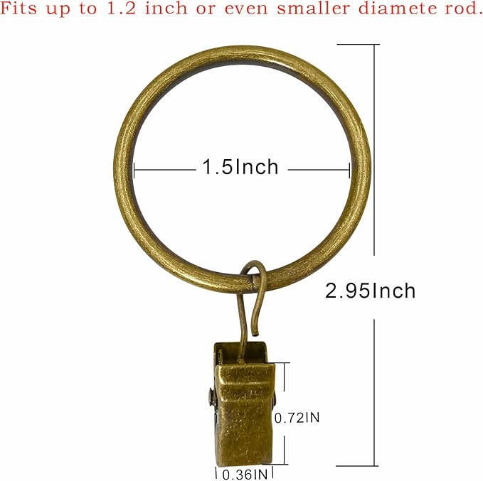 LLPJS 40 Pack Metal Curtain Rings with Clips, Drapery Clips with Rings, Curtain Rod Clips Hooks, Decorative Windows Hanging Curtain Hangers, 1.5 Inch Interior Diameter, Bronze