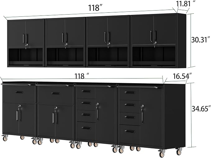 Garage Storage Cabinet System,Wall Cabinet & Locking Rolling Tool Cabinet with Doors and Adjustable Shelves