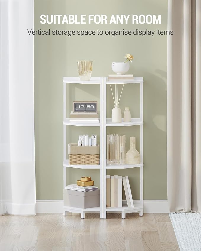 Hzuaneri Corner Shelf Stand 4-Tier Corner Bookshelf Storage Standing Shelf | Bookcase Plant Stand with Metal Frame for Living Room, Home Office, Bedroom, White CS05813W