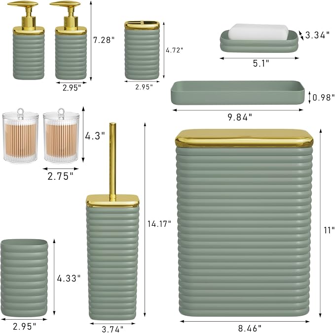 Bathroom Set - 10PC Bathroom Accessory Set, Sage Green Bathroom Set, Luxury Bathroom Accessories Set, Trash Can, Toilet Brush, Soap Dish, Qtip Holder & Soap Dispenser