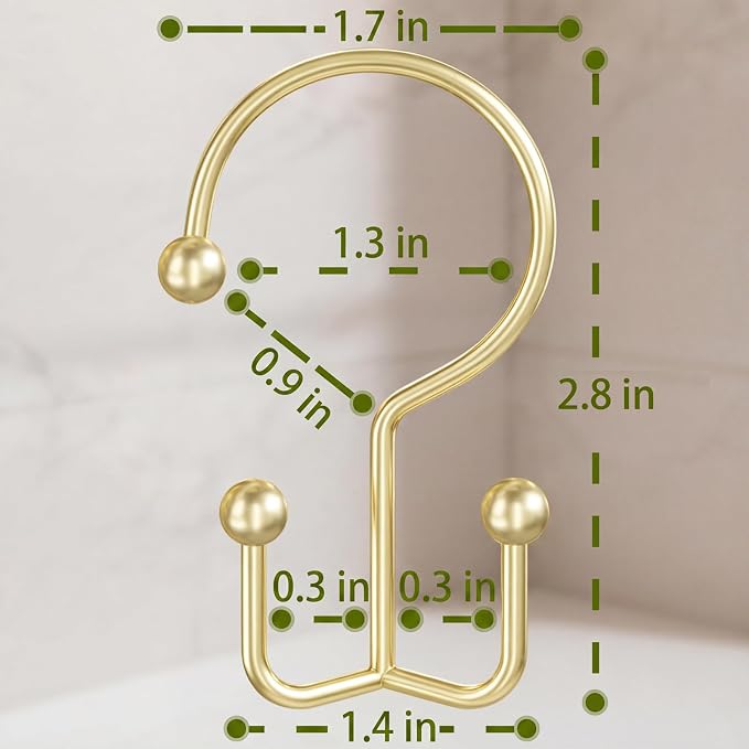 OEH 24 Pcs Shower Curtain Hooks, Metal Shower Curtain Rings, Gold Shower Curtain Hooks Rust Proof, Double Shower Rings for Curtain, Easy Install Anti-Drop Shower Hooks for Shower Curtain, Gold