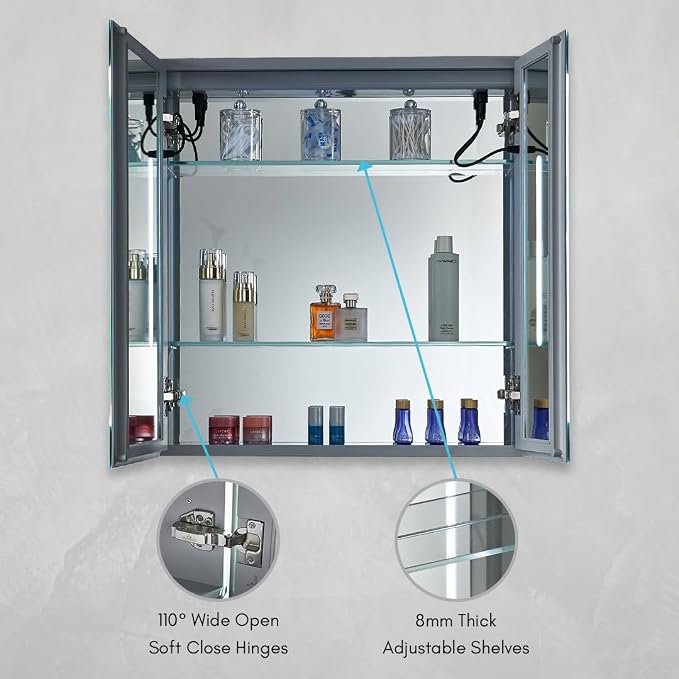 Blossom LED Medicine Cabinet Mirror for Bathroom 25x26 Inch, Recessed/Surface Mounted Lighted Medicine Cabinet with Mirror, Defogger, 3-Color Dimmer, Wall Mounted Storage Cabinet