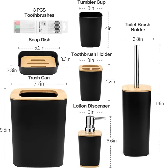 Hommtina Bamboo Bathroom Accessory Set, 6 Pcs Bathroom Essential Includes Toothbrush Cup, Toothbrush Holder, Soap Dispenser, Soap Dish, Toilet Brush with Holder, Trash Can (Black Square)