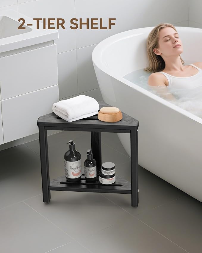Shower Foot Rest 15in, HDPE Waterproof Shower Stool for Inside Shower, Corner Shower Stool for Shaving Legs with Storage Shelf for Small Space, Shower Step Stool, Plastic Corner Shower Bench, Black