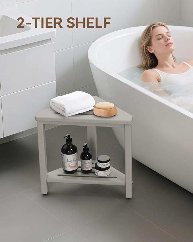 Shower Foot Rest 15in, HDPE Waterproof Shower Stool for Inside Shower, Corner Shower Stool for Shaving Legs with Storage Shelf for Small Space, Shower Step Stool, Plastic Corner Shower Bench, Beige